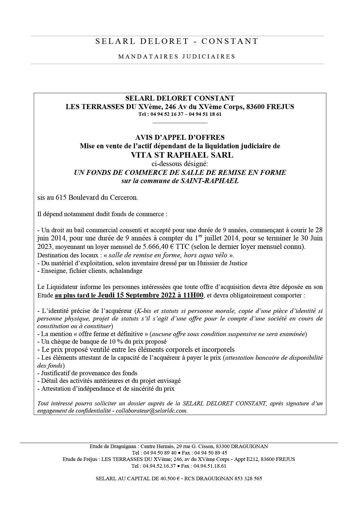 Call for tenders – Vita St-Raphael SARL