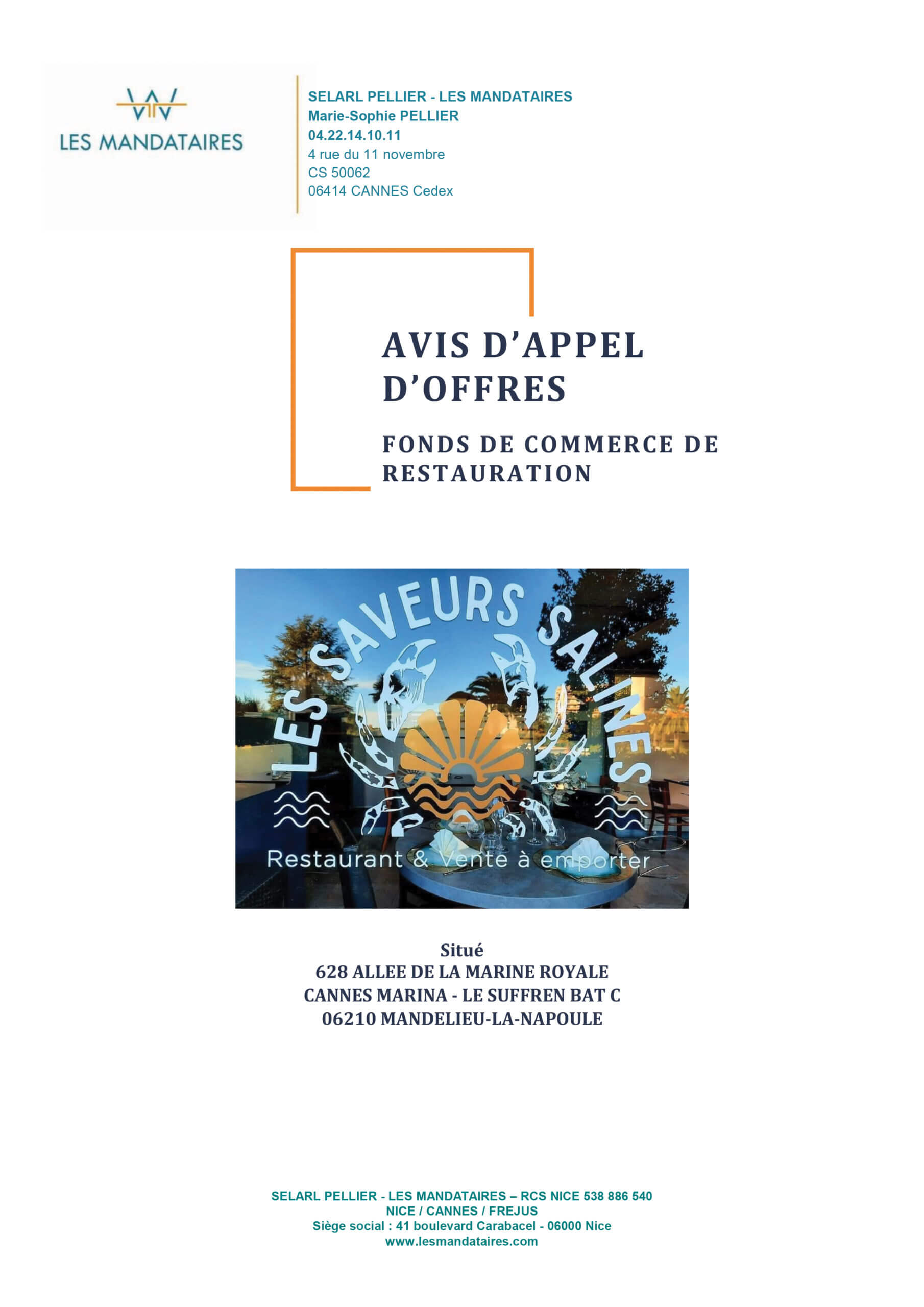 AVIS D’APPEL D’OFFRES – FONDS DE COMMERCE DE RESTAURATION